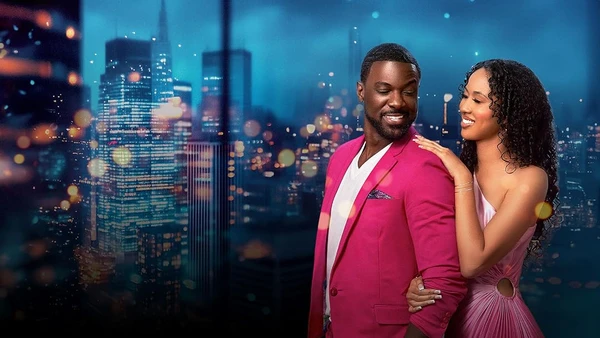 A man and a woman share a sweet moment against a city skyline in "Sugar Baby".